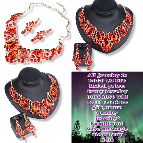 18K gold plated red and white crystal Necklace earrings set - Picture 2 of 12